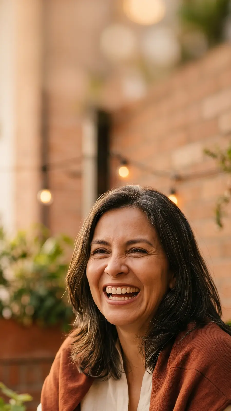 Mujer de 50 años riendo abiertamente con amigas en un café