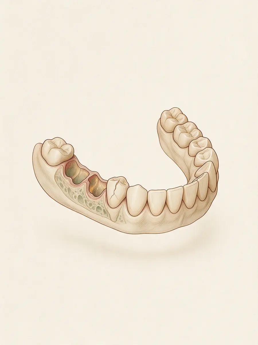 Ilustración del método, fase 1: arcada con dientes faltantes y una pieza partida