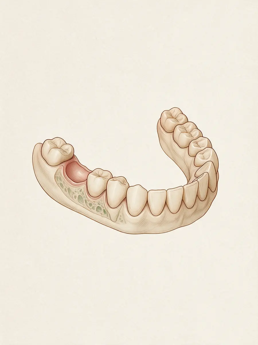 Ilustración del método, fase 2: encías y hueso sanos, todavía sin dientes en el espacio