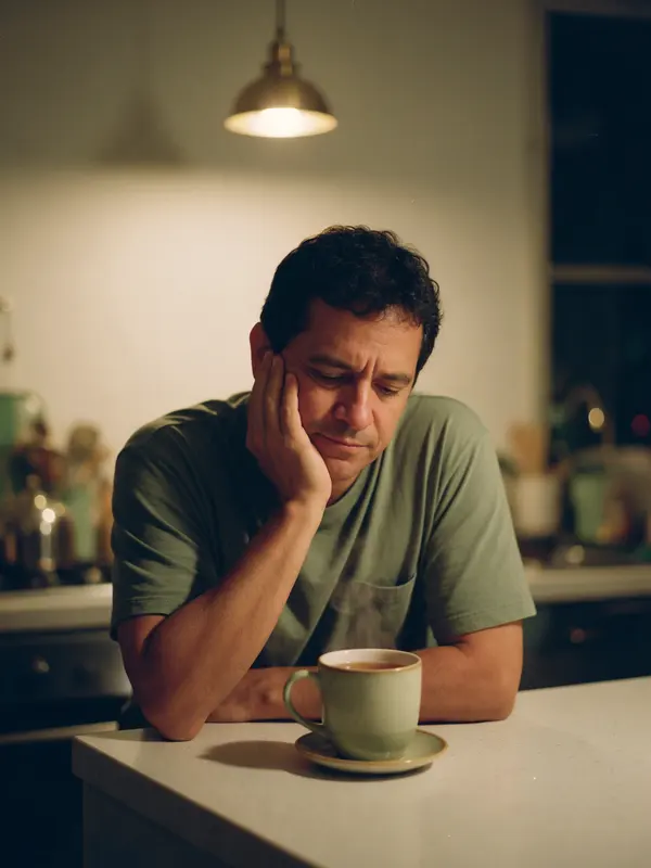 Hombre con la mano en la mejilla frente a una taza de té, de noche en su cocina